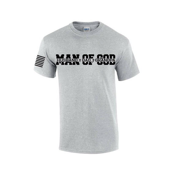 Man of God Dad Father Grandpa Mens Christian American Flag Sleeve T-shirt Graphic Tee Graphic Tee-Sports Grey-large