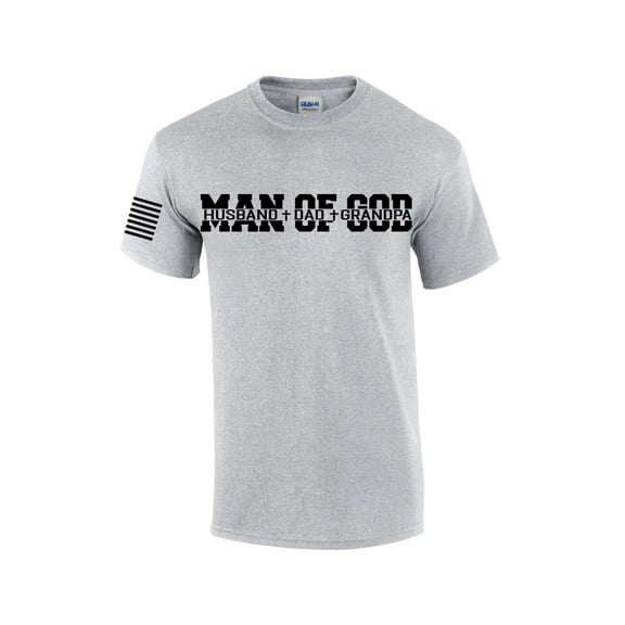 Man of God Dad Father Grandpa Mens Christian American Flag Sleeve T-shirt Graphic Tee Graphic Tee-Sports Grey-xxxl