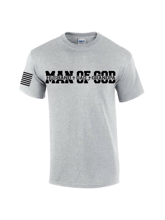 Man of God Dad Father Grandpa Mens Christian American Flag Sleeve T-shirt Graphic Tee Graphic Tee-Sports Grey-xxxl