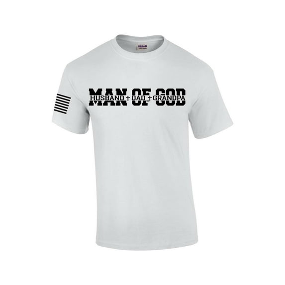 Man of God Dad Father Grandpa Mens Christian American Flag Sleeve T-shirt Graphic Tee Graphic Tee-White-xl