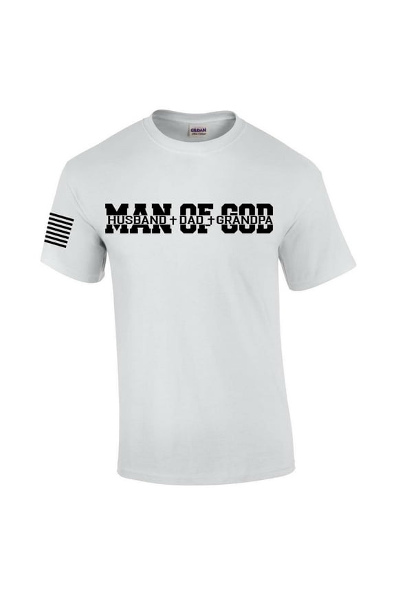 Man of God Dad Father Grandpa Mens Christian American Flag Sleeve T-shirt Graphic Tee Graphic Tee-White-xl
