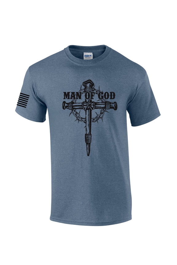 Man of God Nail Cross Crown of Thorns Mens Christian Short Sleeve T-Shirt Graphic Tee-Heather Indigo-xxl