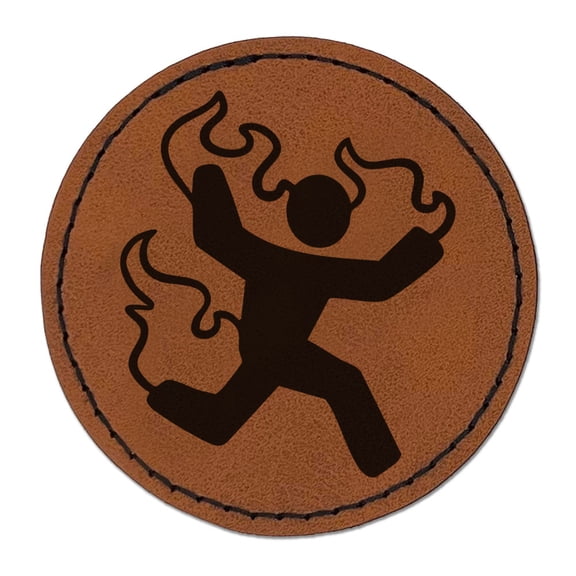 Man on Fire Symbol Warning Danger Risk Hazard Round Iron-On Engraved Faux Leather Patch Applique - 2.5 Inch - Brown