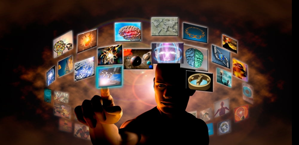 Man pointing to screen squares from inside a circle Canvas Art - Panoramic Images (19 x 9)