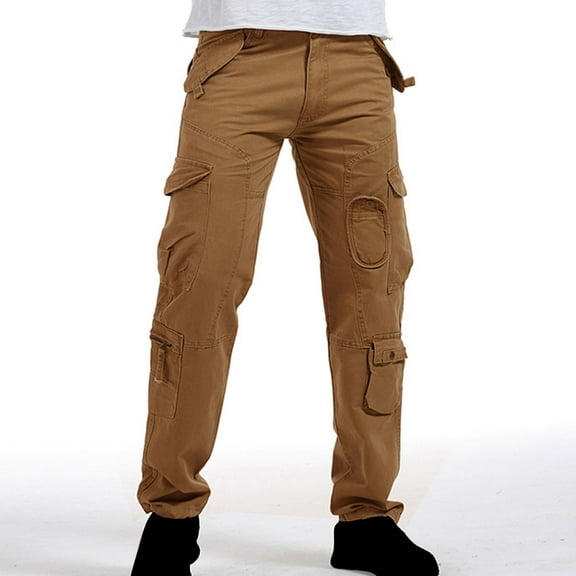 Man's Cargo Pants Drawstring Multi Pockets Sweatpants Elastic Waist Overalls Pants Solid Full Length Trousers (L, Yellow)