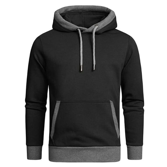 Man's Casual Hoodie Color Block Pullover Lapel Long Sleeve Hooded Sweatshirt Cozy Fit Blouse with Pockets (M, Black)