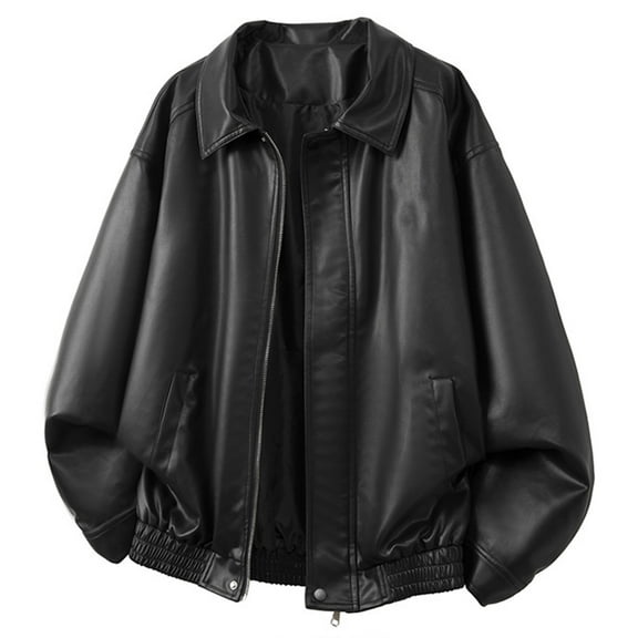 Man's Jacket PU Bomber Jacket Stand Up Lapel Zipped Biker Coat (Black L)