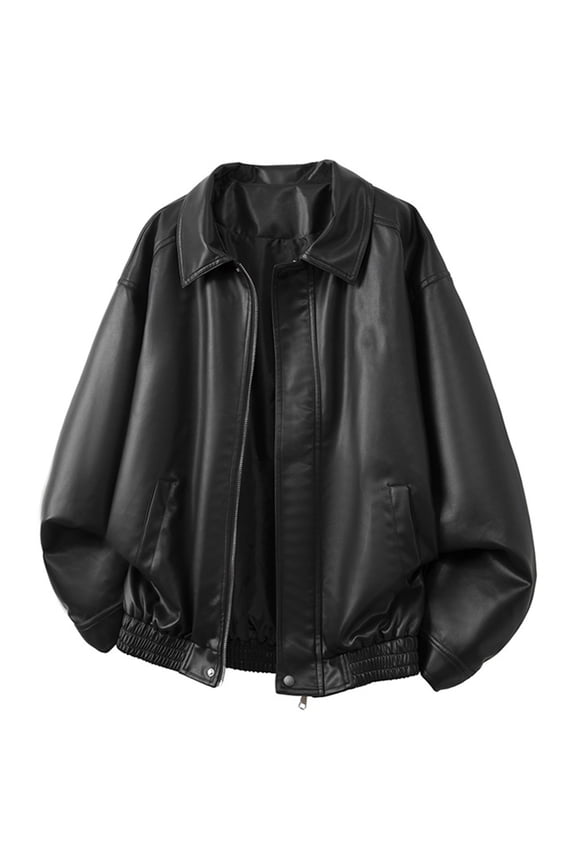 Man's Jacket PU Bomber Jacket Stand Up Lapel Zipped Biker Coat (Black M)