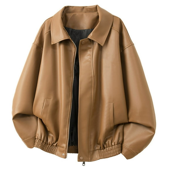 Man's Jacket PU Bomber Jacket Stand Up Lapel Zipped Biker Coat (Coffee L)