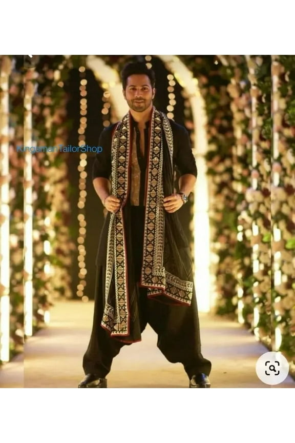 Man's Wedding Kurta Pajama set With DupattaFfull Sleeves Black Color Embroidery Work Design Traditional And Party Wear Dress free gift shoes