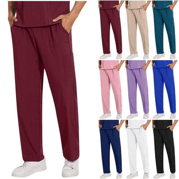Man's Work Pants Solid Straight Barrel Draw Rope Elastic Waist Multiple Pockets Nursing Worker Pants