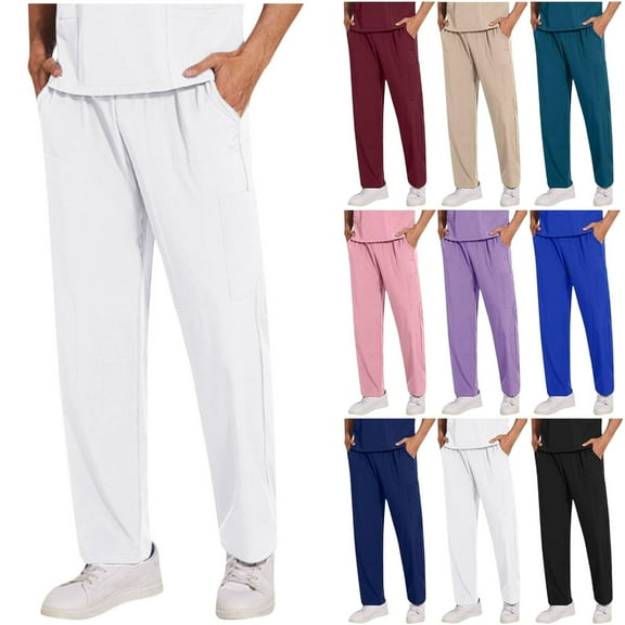 Man's Work Pants Solid Straight Barrel Draw Rope Elastic Waist Multiple Pockets Nursing Worker Pants