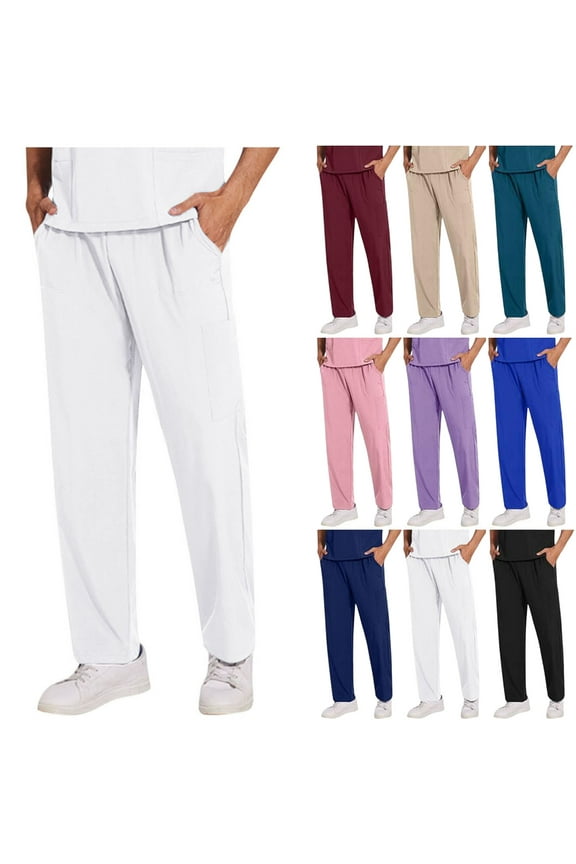 Man's Work Pants Solid Straight Barrel Draw Rope Elastic Waist Multiple Pockets Nursing Worker Pants