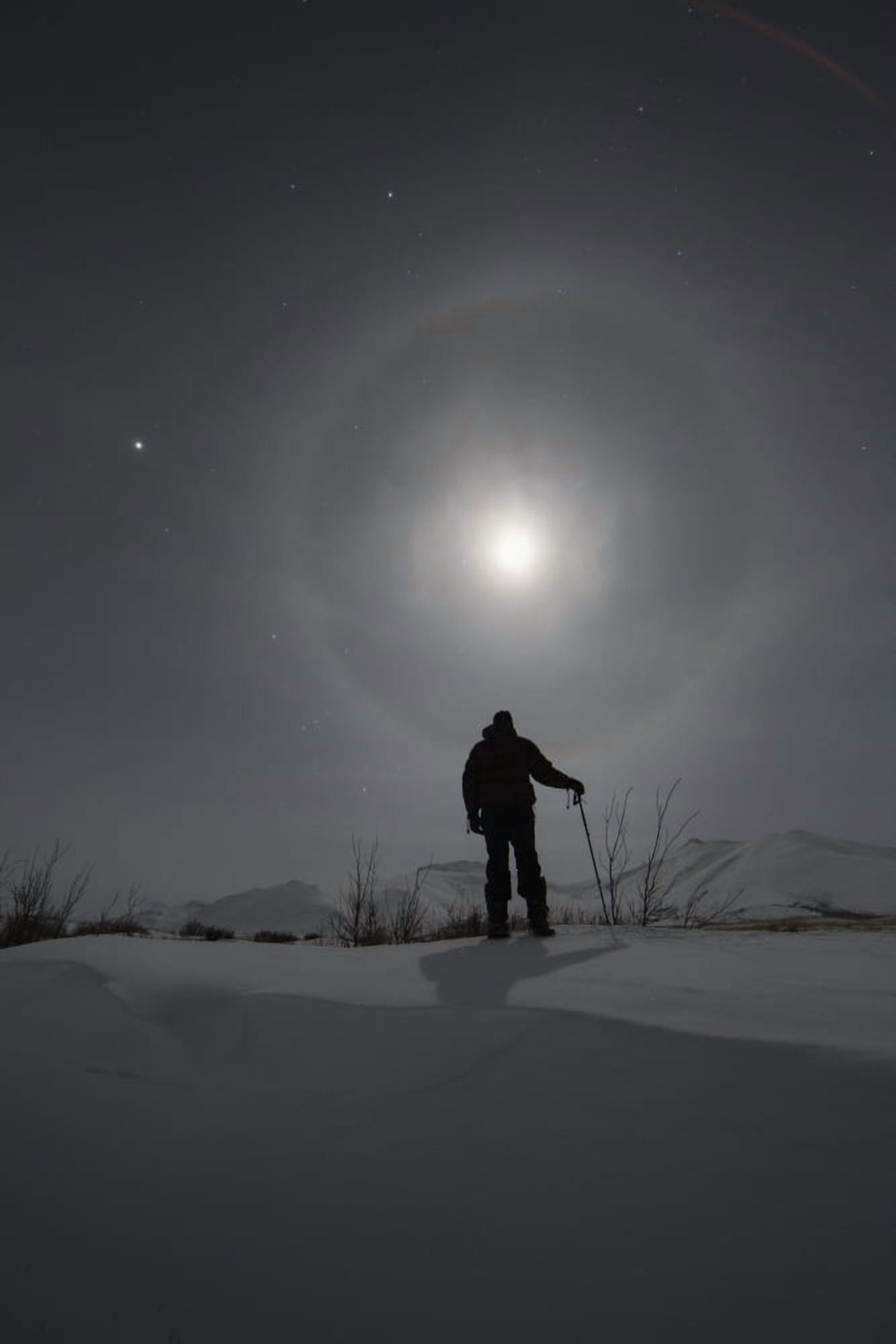 Man snowshoeing along the Dempster Highway under a moon glowing with rings Yukon Canada Canvas Art - Robert Postma Design Pics (24 x 38)