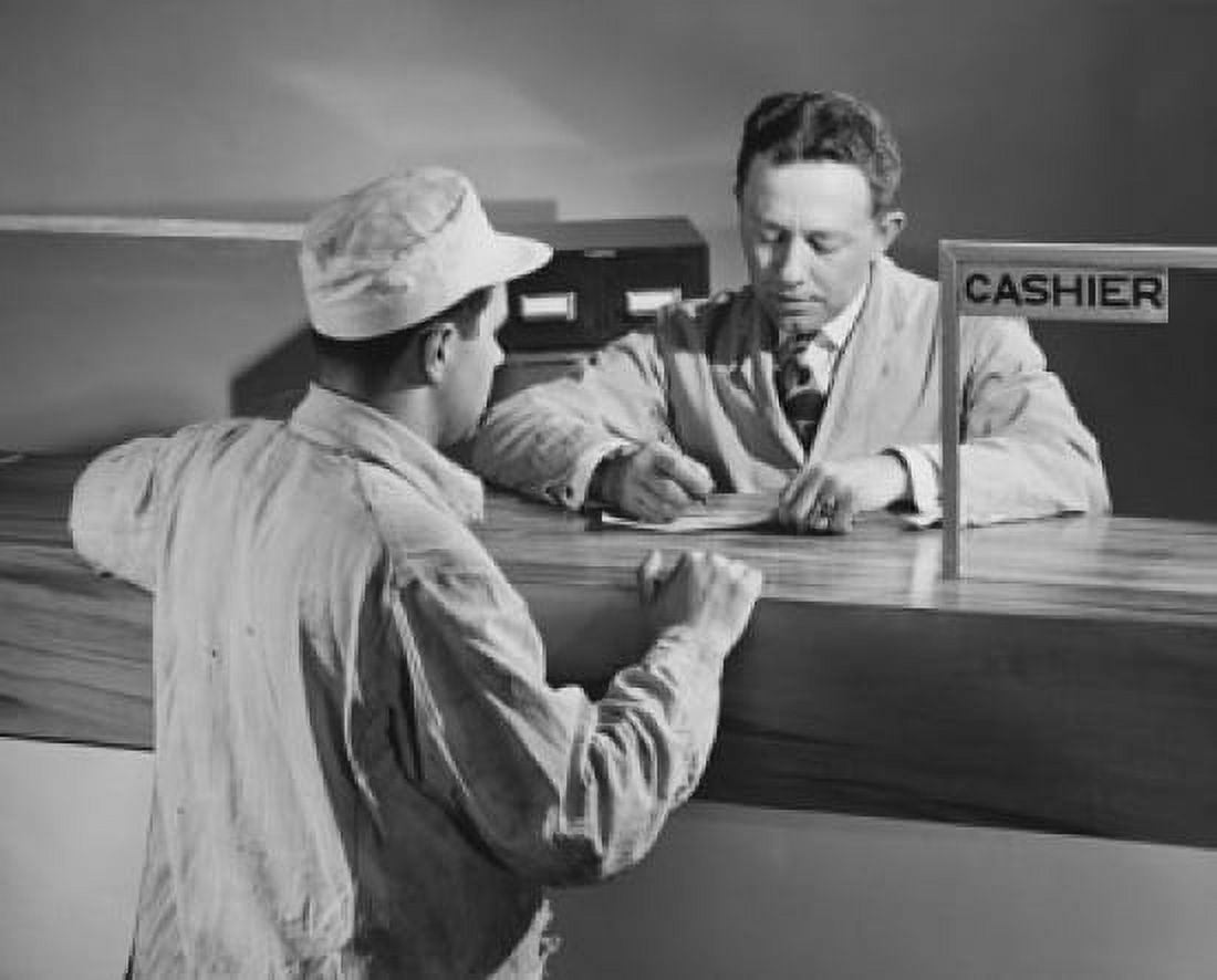 Man standing in front of a bank teller in a bank Canvas Art - (18 x 24)