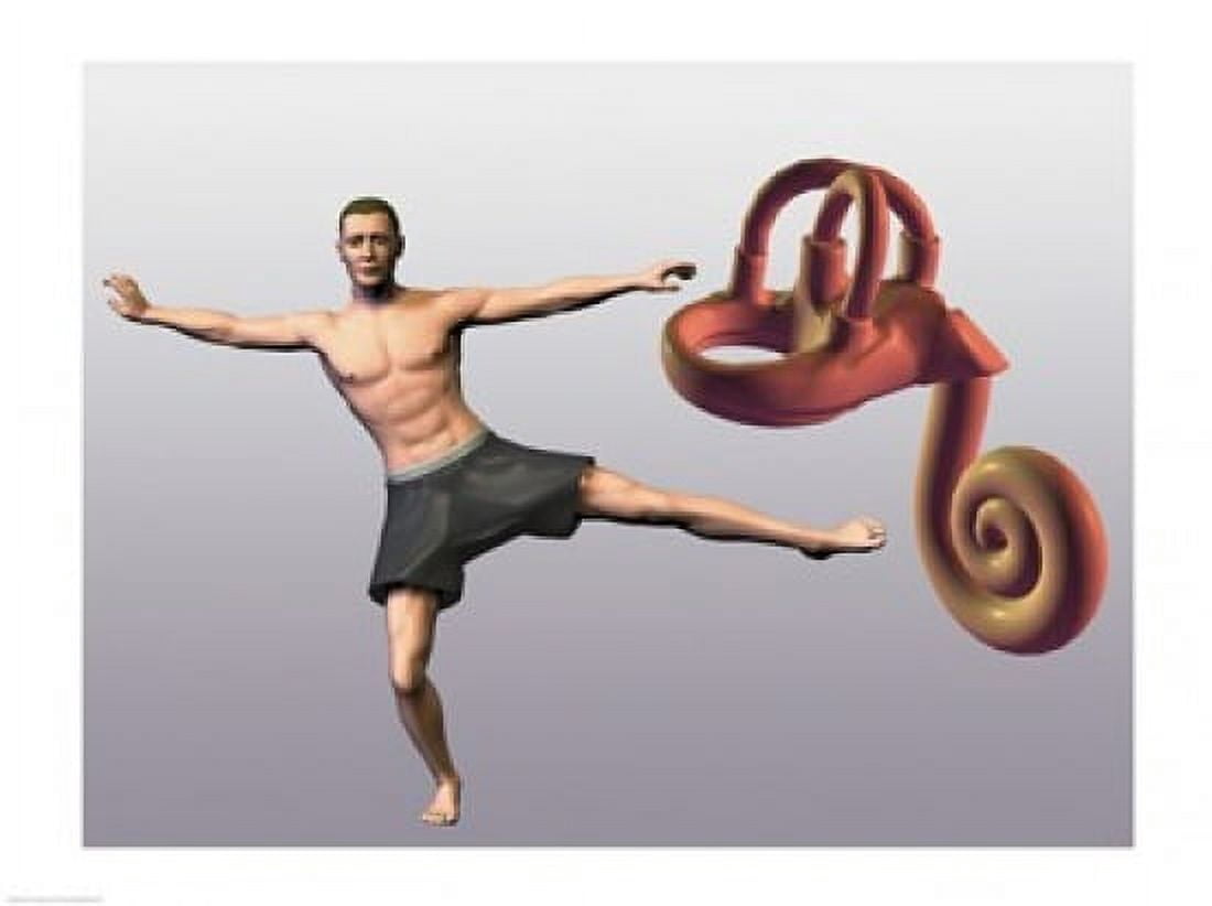 Man standing on one leg near a human ear model Canvas Art - (24 x 18)