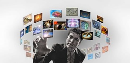 Man surrounded by imagery Canvas Art - Panoramic Images (24 x 12)