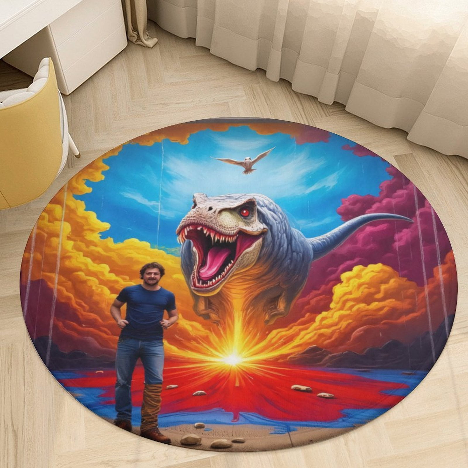 Man with Dinosaur Mural Round Area Rugs for Bedroom Living Room, 6FT ...
