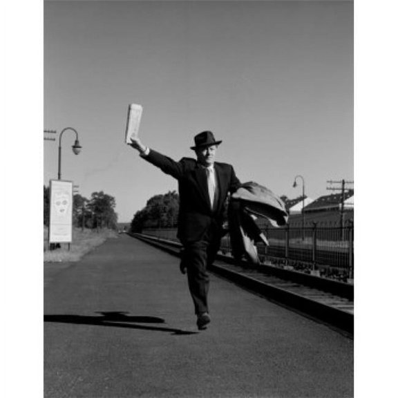 Man with Suitcases Running Along Railroad Track Poster Print - 18 x 24 in.