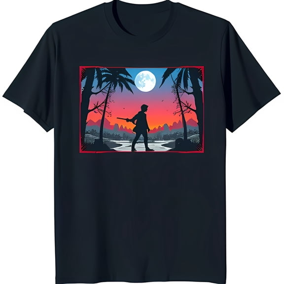 Man with Walking Through Forest at Sunset Graphic Tee Mysterious Atmosphere