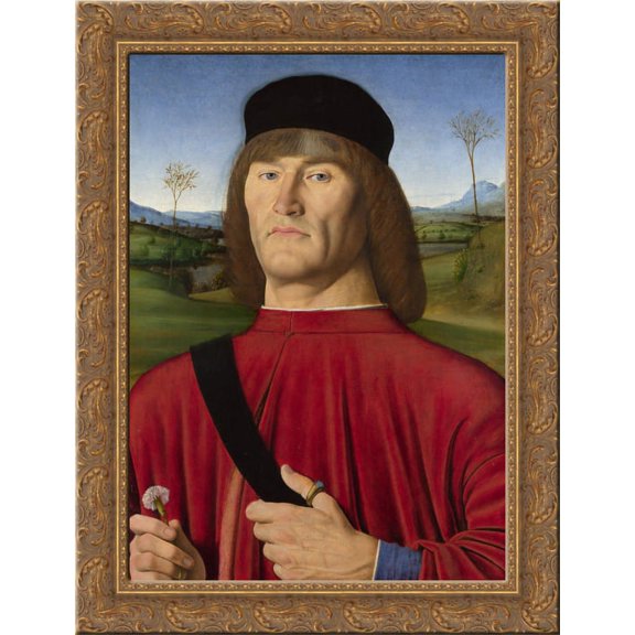 Man with a Pink Carnation 24x18 Gold Ornate Wood Framed Canvas Art by Andrea Solario