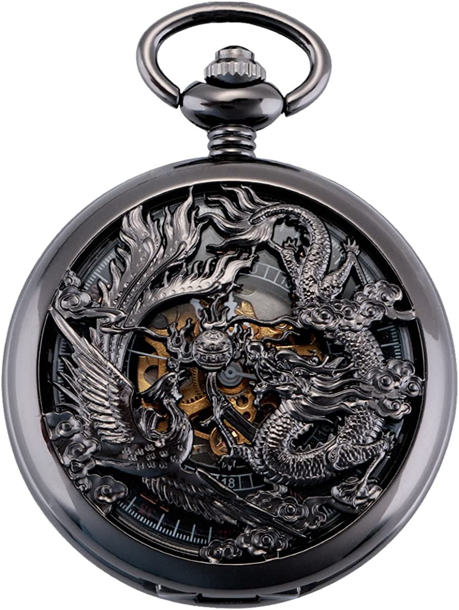 ManChDa Dragon Pocket Watches for Men Mechanical Skeleton Dial Roman