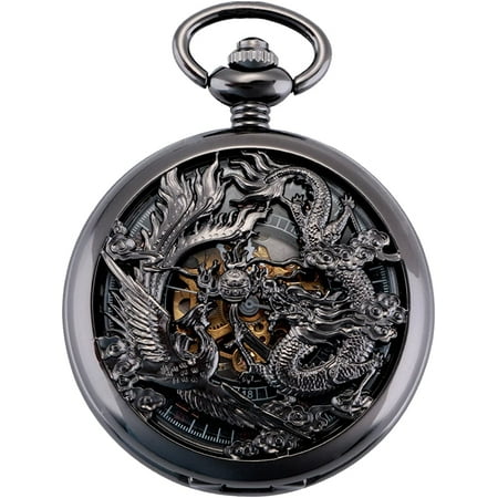 ManChDa Dragon Pocket Watches for Men Mechanical Skeleton Dial Roman Numberals with Chain
