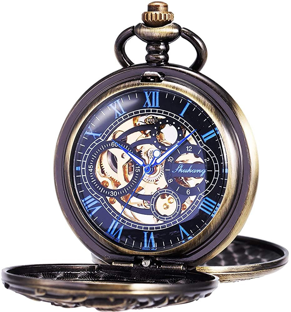 ManChDa Mens Dragon Pocket Watches with Chain Bronze Case with Blue