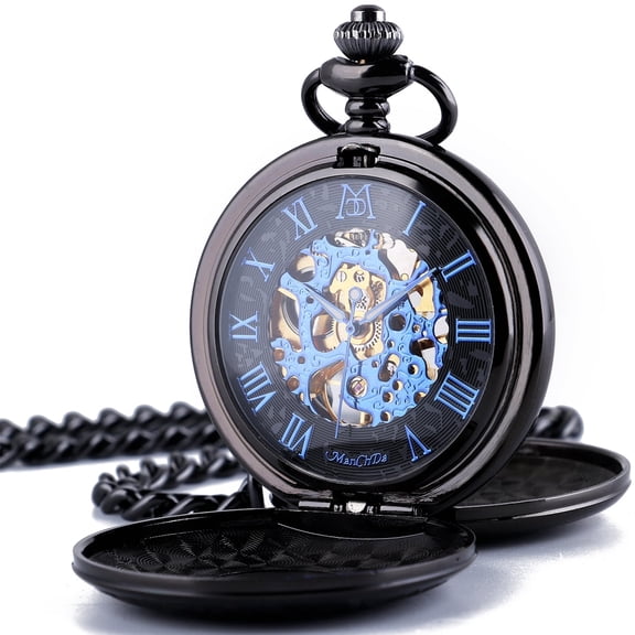 ManChDa Mens Pocket Watches Classic Mechanical Pocket Watch Black Blue