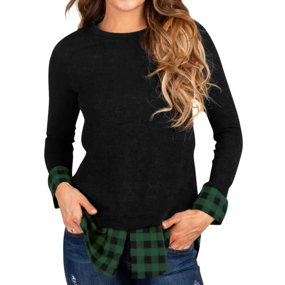 ManHanLi Women Buffalo Plaid Stitching Round Neck Long Sleeve Pullover Top