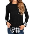 thumbnail image 1 of ManHanLi Women Buffalo Plaid Stitching Round Neck Long Sleeve Pullover Top, 1 of 5