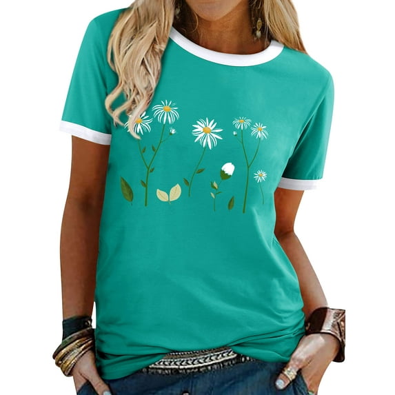 ManHanLi Women Daisy Print Crew Neck Contrast Color Trim Short Sleeve Top