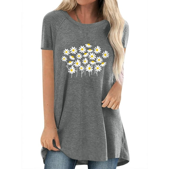 ManHanLi Women Daisy Print Crew Neck Short Sleeve Top