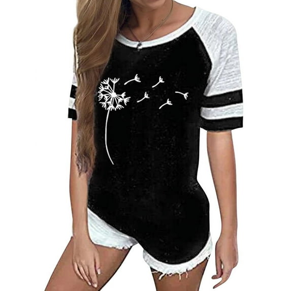 ManHanLi Women Dandelion Print Stripe Raglan Short Sleeve Color Block Top