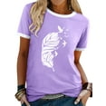 thumbnail image 1 of ManHanLi Women Feather Print Crew Neck Contrast Color Short Sleeve Top, 1 of 3