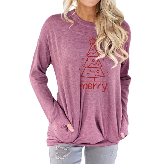 ManHanLi Women Merry Christmas Tree Print Long Sleeve Sweatshirt With Pockets