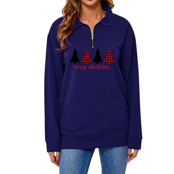 ManHanLi Women Merry Christmas Tree Print Zip Long Sleeve Lapel Collar Sweatshirt