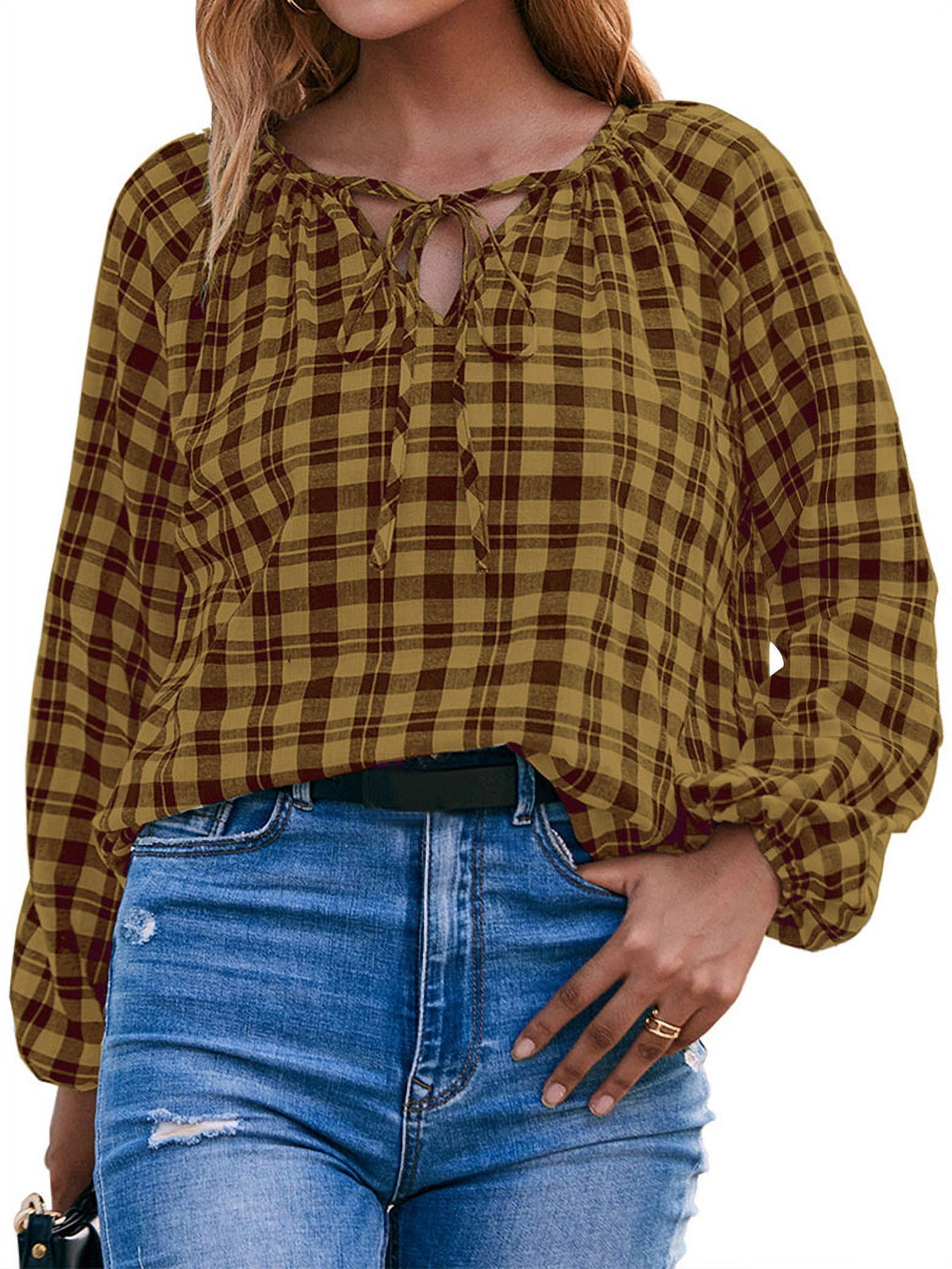 ManHanLi Women Strappy V Neck Checkered Long Sleeve