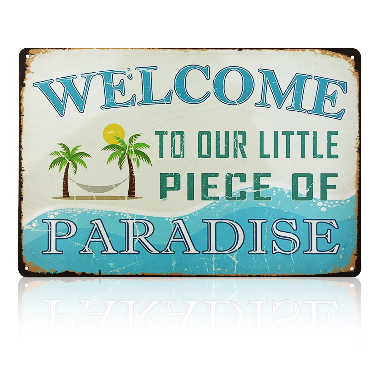 Rustic Aluminum Welcome Sign with Beach Design, 12x8 Inches