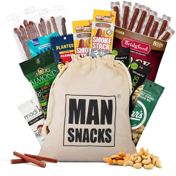 ManSnacks Deluxe Jerky & Nuts Gift Basket for Men - 28 pc - Large Variety of Beef Jerky Sticks, Pepperoni Sticks, Cheese Sticks, Almonds, Peanuts & Pistachios, in a Manly Gift Bag