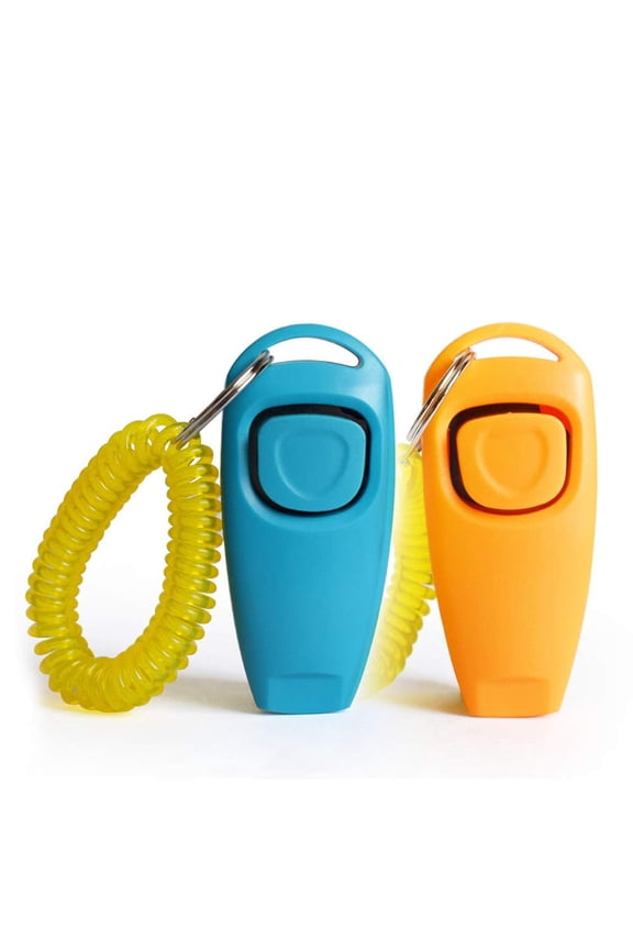 2pcs Dog Training Clickers 2 in 1 Whistle and Clicker Pet Training Tools with Wrist Strap Key Ring for Dogs Cats Pets - Blue/Orange
