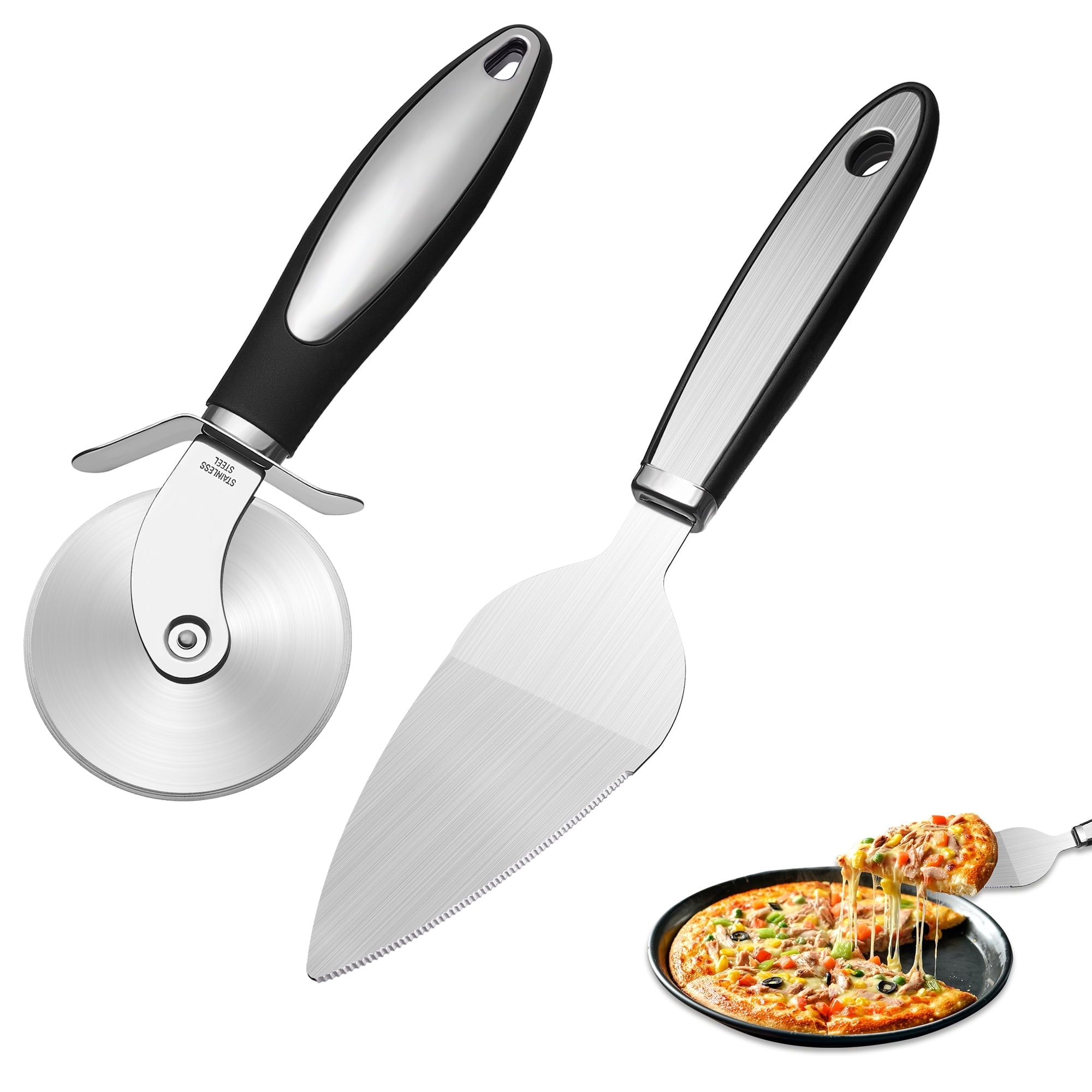 ManYmbyan Pizza Cutter Set 2 Pieces Stainless Steel Accessories Wheel Pizza Knife Super Sharp & Large 11 inch Pizza Spatula Pizza Knife & Pizza Spatula Kit Easy to Clean