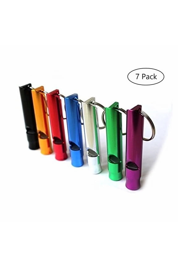 A Set of 7 Extra Loud Whistles for Camping Hiking Outdoors Sports and Emergency Situations, Sturdy but Light Aluminium Key Chain Signals of Different Colors