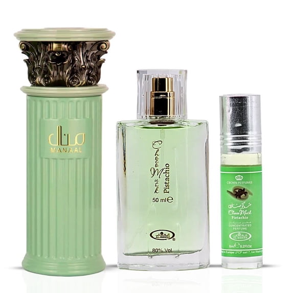 Manaal Eau De Parfum Spray 100ml by Ard Al Zaafaran & Choco Musk Pistachio Eau De Parfum Spray 50ml & Perfume Roll On 6ml by Al Rehab (Bundle)