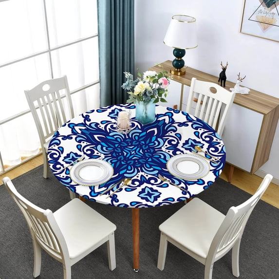 Manadala Round Fitted Tablecloth Boho Style Elastic Edged Waterproof Table Cloth Dining Table Decoration Accessories Table Cover
