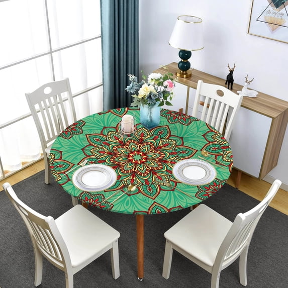 Manadala Round Fitted Tablecloth Boho Style Elastic Edged Waterproof Table Cloth Dining Table Decoration Accessories Table Cover