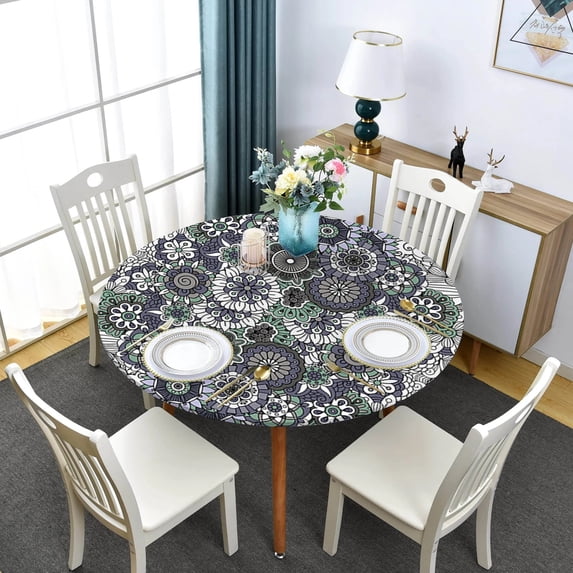 Manadala Round Fitted Tablecloth Boho Style Elastic Edged Waterproof Table Cloth Dining Table Decoration Accessories Table Cover