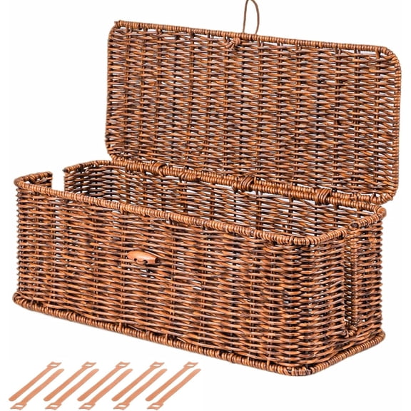 Management Box, Rattan Style Cord Organizer for Desk Cord Hider Outlet Covers for Power Strip TV PC Router Charger Under Desk Storage with Lockable Lid and Ties