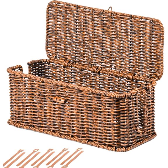 Management Box, Rattan Style Cord Organizer for Desk Cord Hider Outlet Covers for Power Strip TV PC Router Charger Under Desk Storage with Lockable Lid and Ties