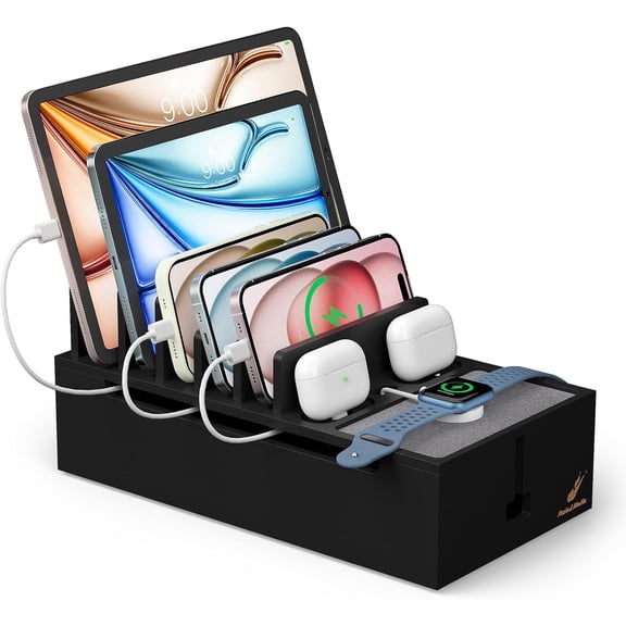 Management Box, Wire Organizers for Cords, Charge Station Box, Desktop Dock Organizer Rack for  Device (Include 6 Cables)(No Power ) -Black